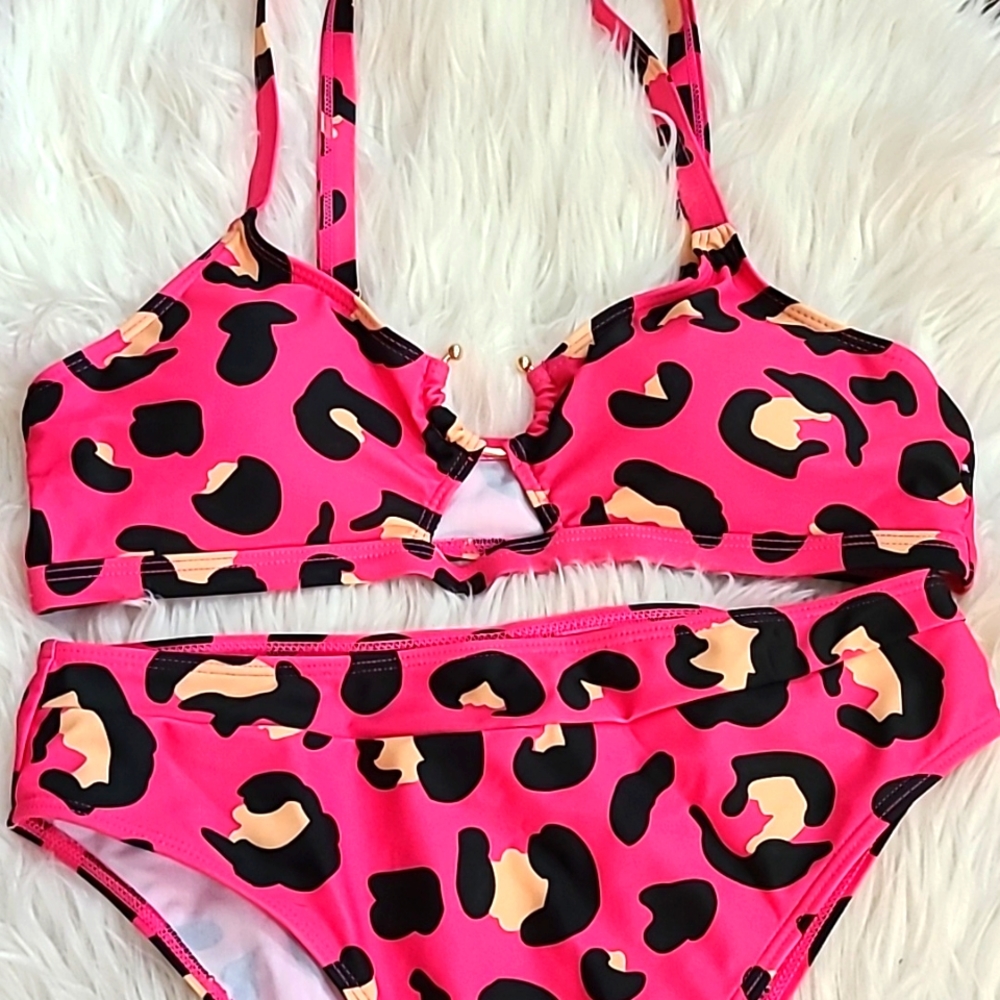 SIZE LARGE SHEIN Pink Leopard 🐆 💗 high waist bikini gold ring cut out bust
